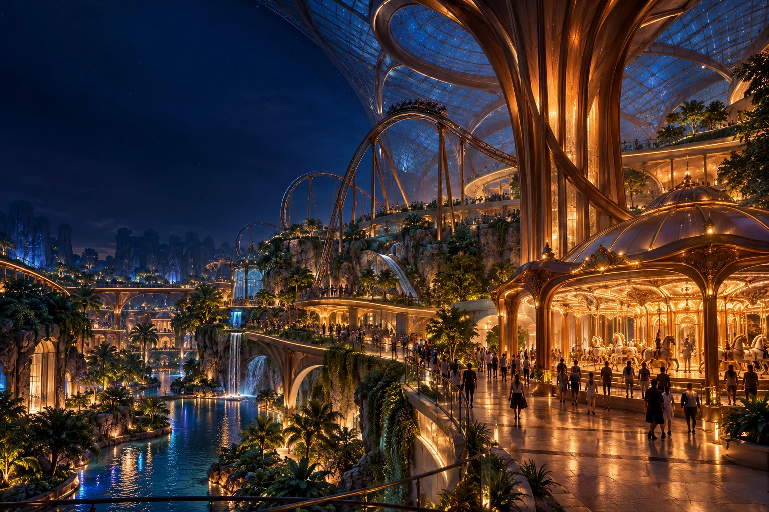 AI-generated concept of an immersive entertainment destination with a grand atrium and carousel